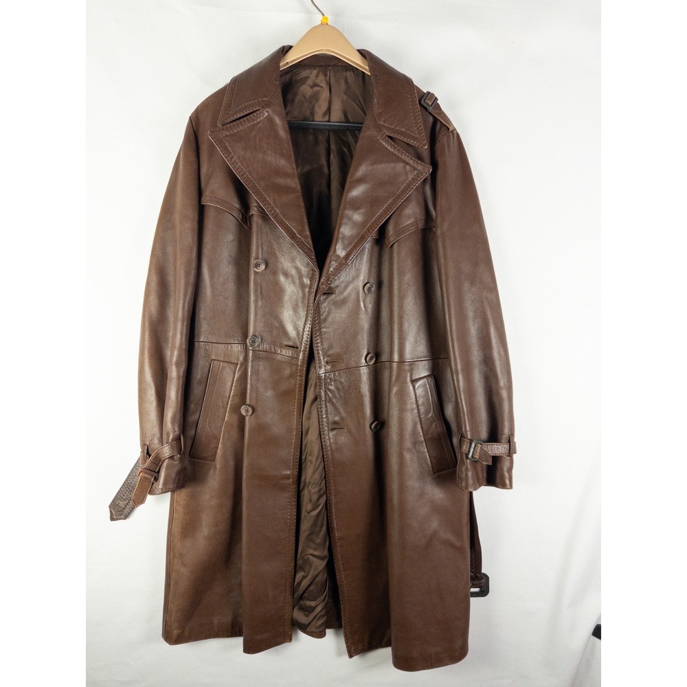 Vintage 70s Le Buffle Leather Trench Coat Brown Belted Double Breasted Mens L